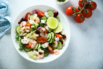 Healthy vegetable salad with shrimps