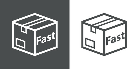 Logo envio urgente. Icono plano caja de cartón 3d en perspectiva con texto Fast con lineas en fondo gris y fondo blanco