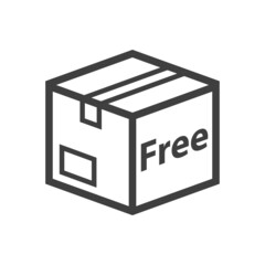 Logo envio gratis. Icono plano caja de cartón 3d en perspectiva con texto Free con lineas en color gris