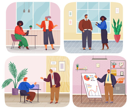 Set of illustrations about office work. People communicating, having conversation at workplace. Businessman makes presentation of statistical research. Business partners are talking on meeting