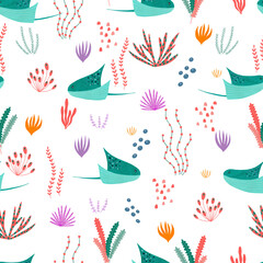 Seamless watercolor ocean life pattern. Repeated slopes and seaweed texture.