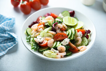 Healthy vegetable salad with shrimps
