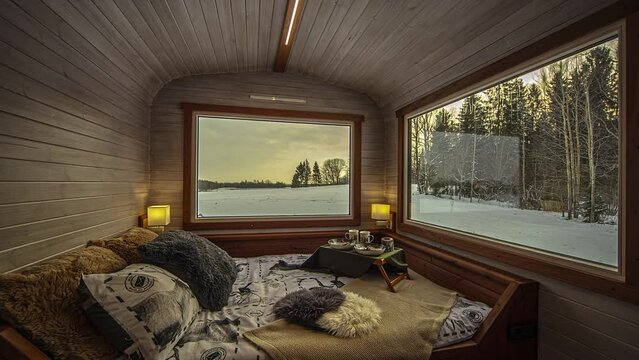 Cozy Bed Inside Thermowood Cabin With Snowy Forest View From Window. - timelapse