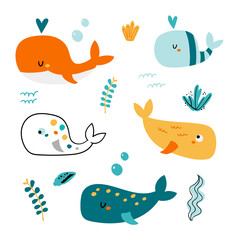 Set of cute whales.