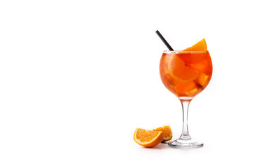 Glass of aperol spritz cocktail isolated on white background. Copy space