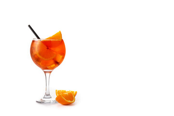Glass of aperol spritz cocktail isolated on white background. Copy space