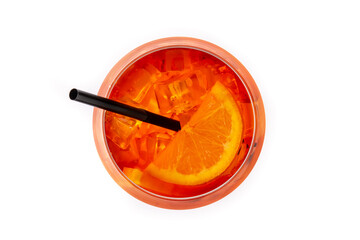 Glass of aperol spritz cocktail isolated on white background. Top view