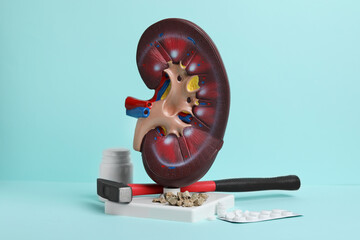 Kidney model with stones, hammer and pills on turquoise background
