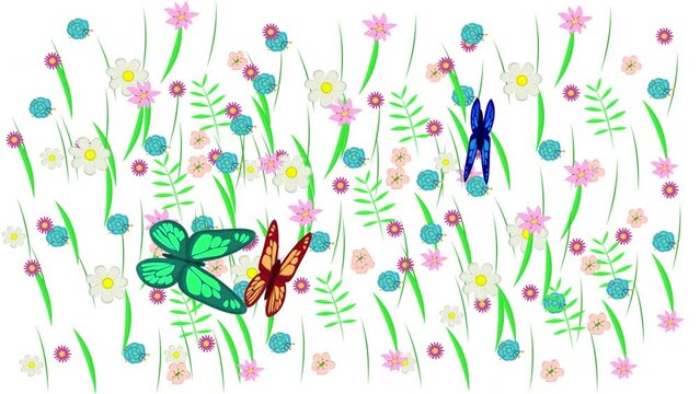 Background flowers with green grass. Animation of a butterfly in a meadow, alpha channel is turned on. Cartoon