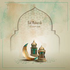 Islamic greetings eid mubarak card design with beautiful lanterns and crescent moon - obrazy, fototapety, plakaty