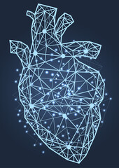 Anatomical human heart with painful area. Innovative technology in medicine, disease diagnostics concept. Organ of human cardiovascular system. Modern depiction of poligonal heart vector illustration
