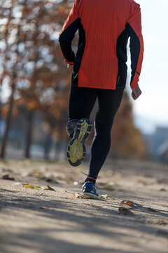 Rear view of one senior man in sport clothes jogging in the park in a sunny day