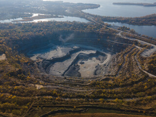 Rybalsky granite quarry. The city of Dnipro, Ukraine. Photo from the air. Open working quarry.