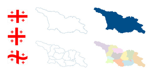 Georgia map. Detailed blue outline and silhouette. Administrative divisions, autonomous republics and regions. Country flag. Set of vector maps. All isolated on white background. Template for design.