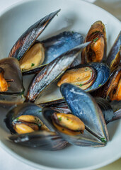 Mussels, Wine, Seafood, Lemon on Served Table, Restaurant food