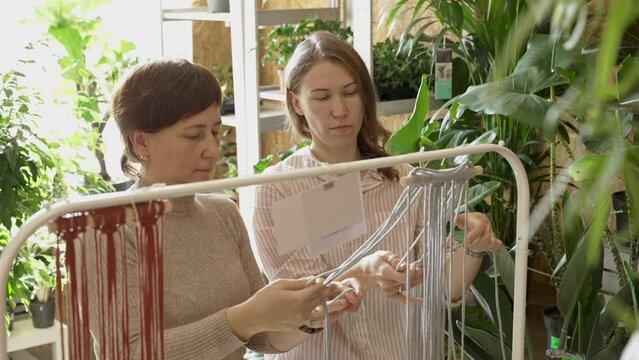 Group of women attending art class. Female students and teacher makes home decor in Boho style in workshop together. Weaves handmade macrame at art school studio. Creativity, people education
