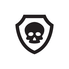 skull shield, cyber attack protection icon in black flat glyph, filled style isolated on white background