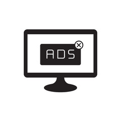 Computer displaying ads icon in black flat glyph, filled style isolated on white background