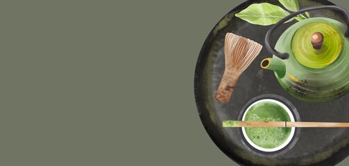 Obraz na płótnie Canvas Organic Green Matcha Tea ceremony illustration isolated on white background. Japanese relax meditation lifestyle