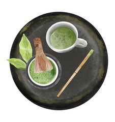 Organic Green Matcha Tea ceremony illustration isolated on white background. Japanese relax meditation lifestyle