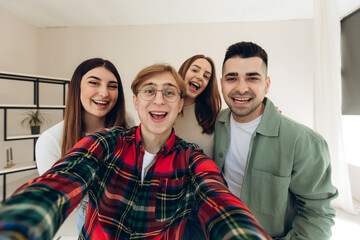 Friendship selfie. Best friend taking photo at home, teenagers enjoying time together