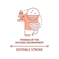 Phobias of natural environment red concept icon. Anxiety disorder. Specific phobias abstract idea thin line illustration. Isolated outline drawing. Editable stroke. Arial, Myriad Pro-Bold fonts used