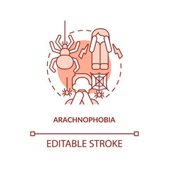 Arachnophobia red concept icon. Intense fear of spiders. Most common phobia abstract idea thin line illustration. Isolated outline drawing. Editable stroke. Arial, Myriad Pro-Bold fonts used