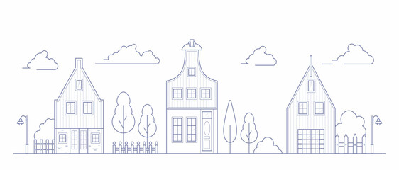 Europe neighborhood houses. Holland suburban with cozy homes. Facades of old traditionsl buildings in Netherlands. landscape outline vector illustration.