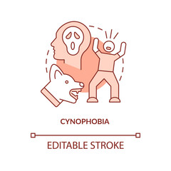 Cynophobia red concept icon. Overwhelming fear of dogs. Most common phobia abstract idea thin line illustration. Isolated outline drawing. Editable stroke. Arial, Myriad Pro-Bold fonts used