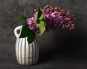 A branch of blooming lilac in a vase on a dark background..