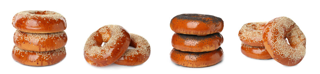 Set with tasty fresh bagels on white background. Banner design