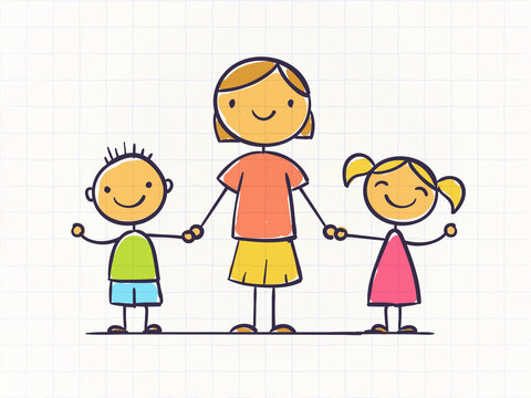 Mother with children. Family concept for Mother's day vector cartoon illustration in scribble drawing style.