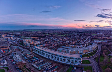Drone shot of Embankment Marina at sunset, Gravesend, Kent