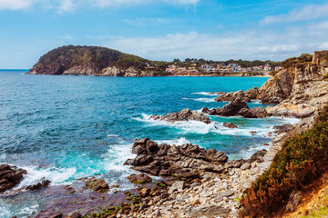 Main view of Cala Fosca, a lovely beach in Palamos, Costa Brava, Girona, Catalonia, Spain. Travel destination for summer vacations.