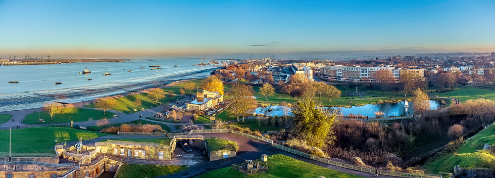 Drone shot of Gravesend Riverside Leisure Area, Gravesend, Kent