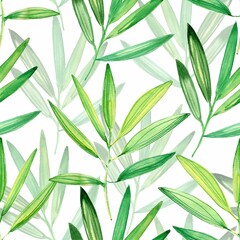 Watercolor seamless background. Bamboo green leaves. 