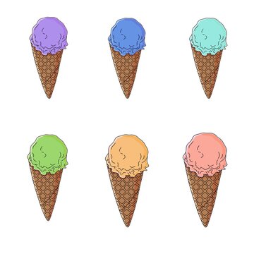 Cartoon ice cream cones set on white background