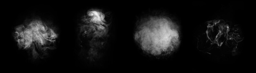 Smoke over black background. Fog or steam abstract texture collage. Set collection.