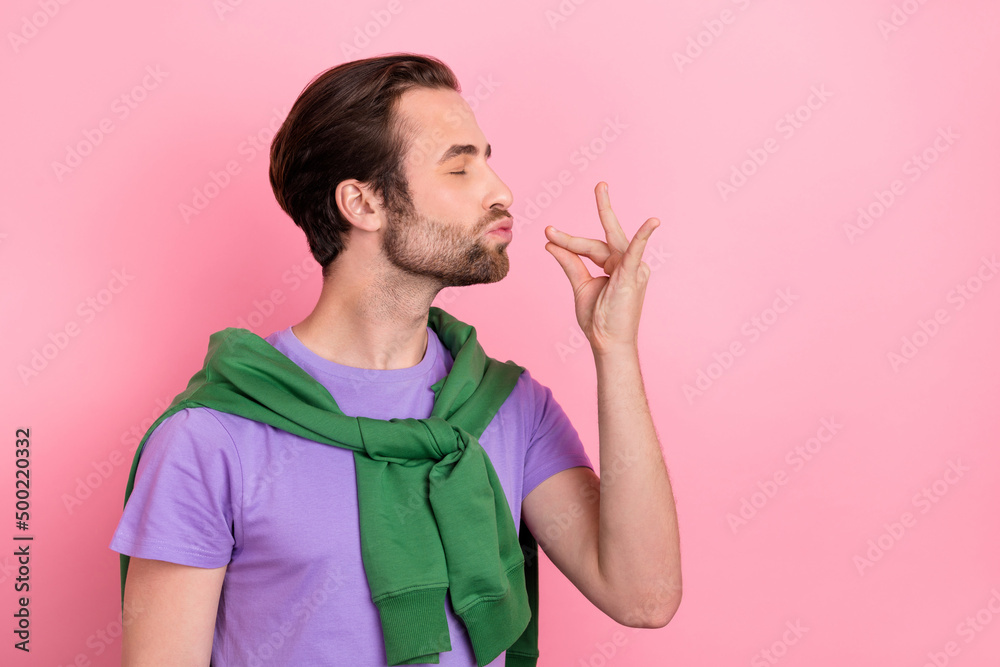 Sticker profile side photo of handsome funny man enjoying tasty food sweet dessert isolated on pink color ba