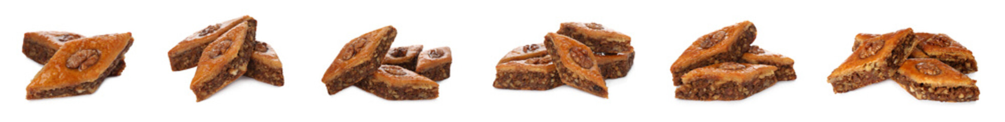 Delicious baklava with walnuts on white background, collage. Banner design