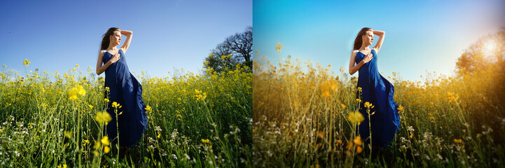 Young beautiful girl in a long blue dress stands among a field of flowers. Yellow blue flag of Ukraine. Symbol of freedom. Horizontal banner for photo retouching, before and after, collage of 2 images - 500220325