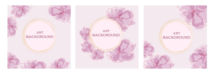 Set of backgrounds with watercolor flowers. Banner. Vector stock illustration. Gold rings. Art. Delicate postcard