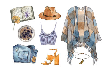watercolor hand drawing sketch fashion outfit, a set of clothes and accessories. casual style. autumn season. isolated elements