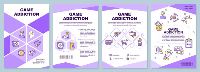 Game addiction purple brochure template. Internet gaming disorder. Leaflet design with linear icons. 4 vector layouts for presentation, annual reports. Arial-Black, Myriad Pro-Regular fonts used