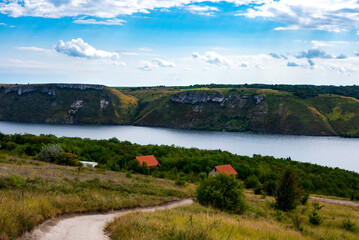 Landscape of beautiful River Dnister with Rocky Mountains in Bakota, Ukraine. Summer Travel serene minimalistic view . 
