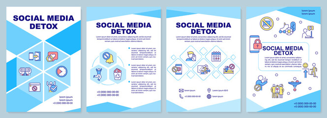 Fototapeta na wymiar Social media detox blue brochure template. Freedom from internet. Leaflet design with linear icons. 4 vector layouts for presentation, annual reports. Arial-Black, Myriad Pro-Regular fonts used
