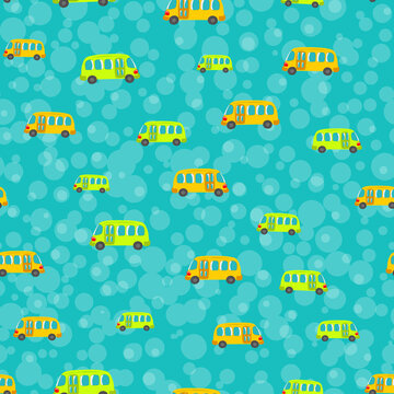 Seamless pattern with cute bus, car on color background. Cartoot transport. Vector illustration. Doodle style. Design for baby print, invitation, poster, card, fabric, textile