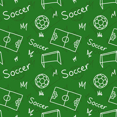 Soccer, Football doodle seamless pattern with ball, field, gate and grass. Line art, vector