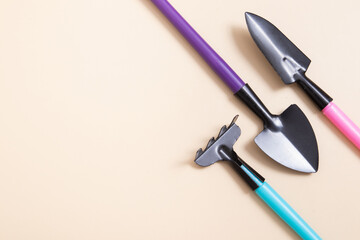 Shovels and rakes for gardening. flat lay. The concept of spring planting