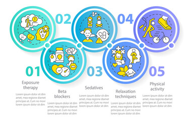 Anxiety disorder treatment circle infographic template. Therapy techniques. Data visualization with 5 steps. Process timeline info chart. Workflow layout with line icons. Myriad Pro-Regular font used